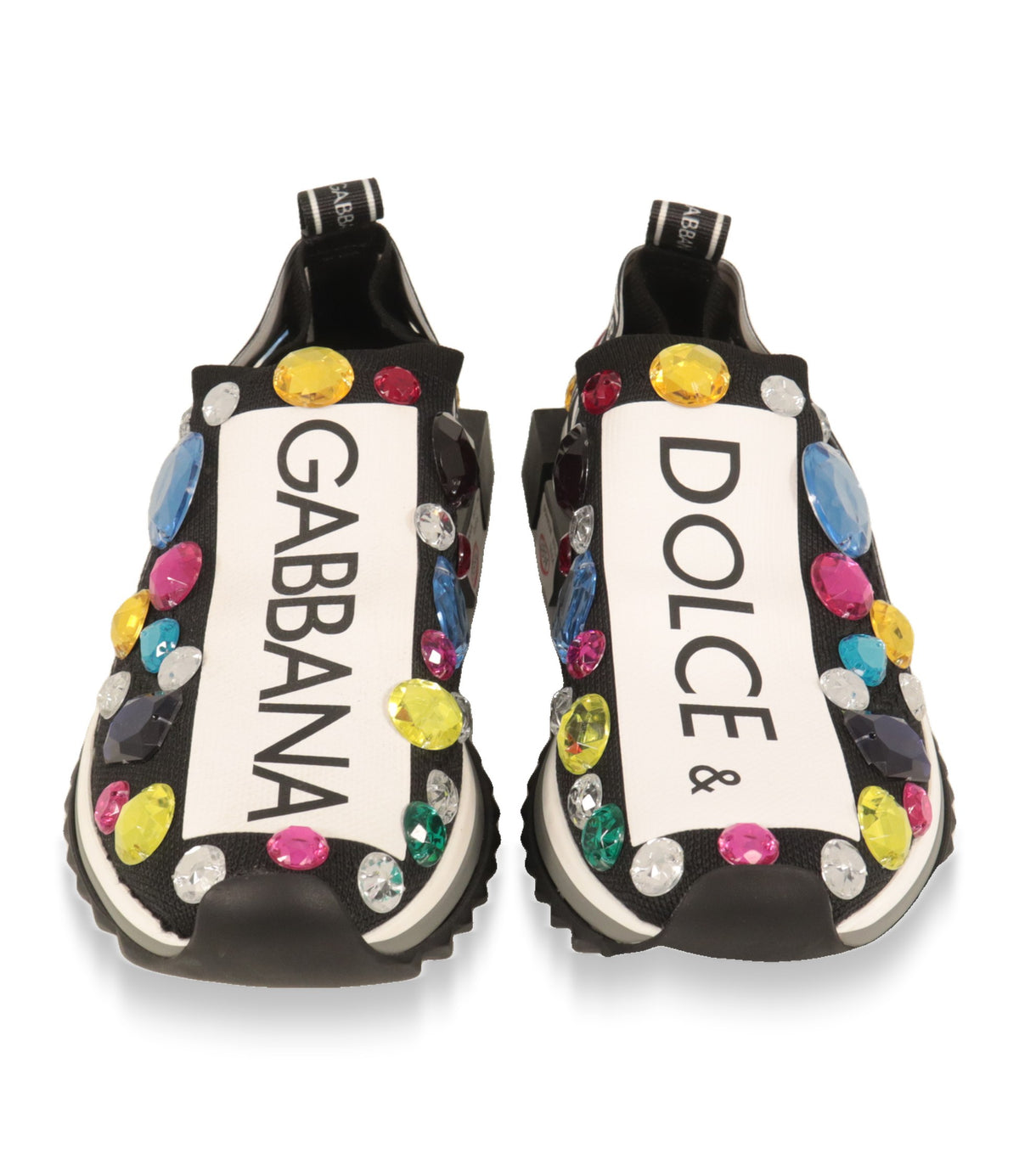 Dolce & Gabbana Slip-On Sneaker von vorne mit Logoband DOLCE & GABBANA und mehrfarbigen Kristallen