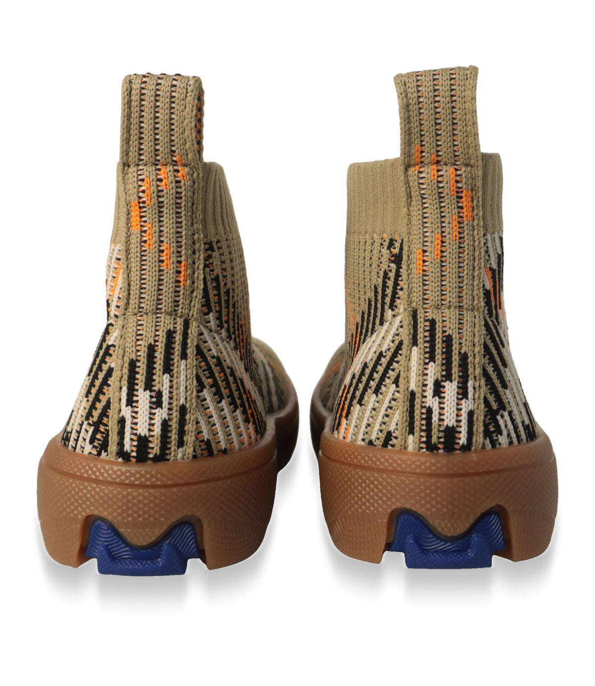 Burberry High-Top Sneaker Rückansicht mit blauem Fersen-Detail und Karamell-Sohle