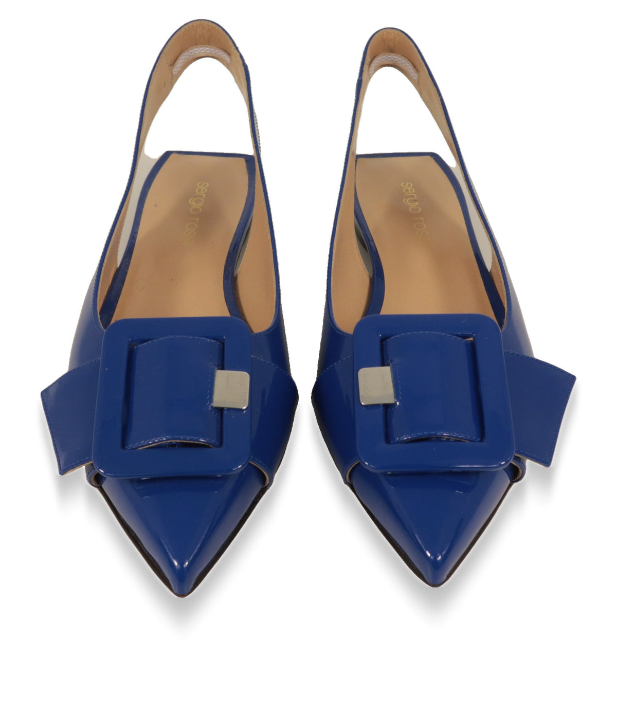Sergio Rossi Damenschuhe in Blau von vorne mit spitzer Kappe und Lackschnalle