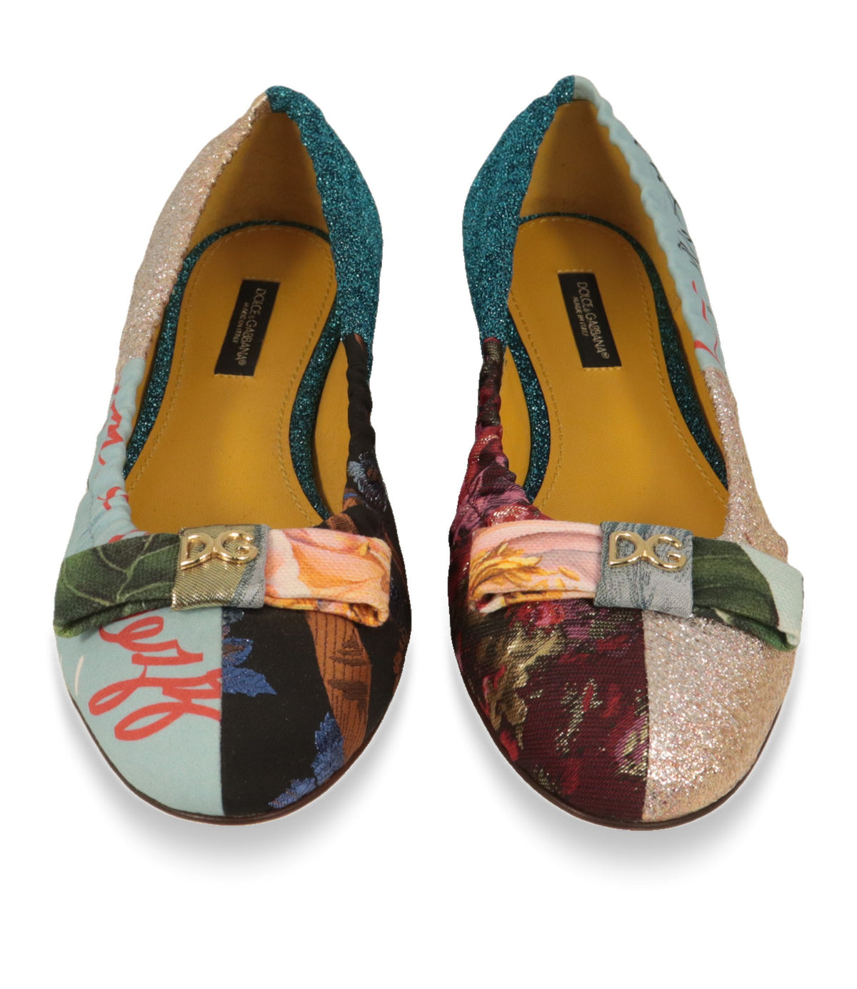 Dolce & Gabbana Damen Ballerinas von oben mit gelbem Innenfutter und Logo-Schleife