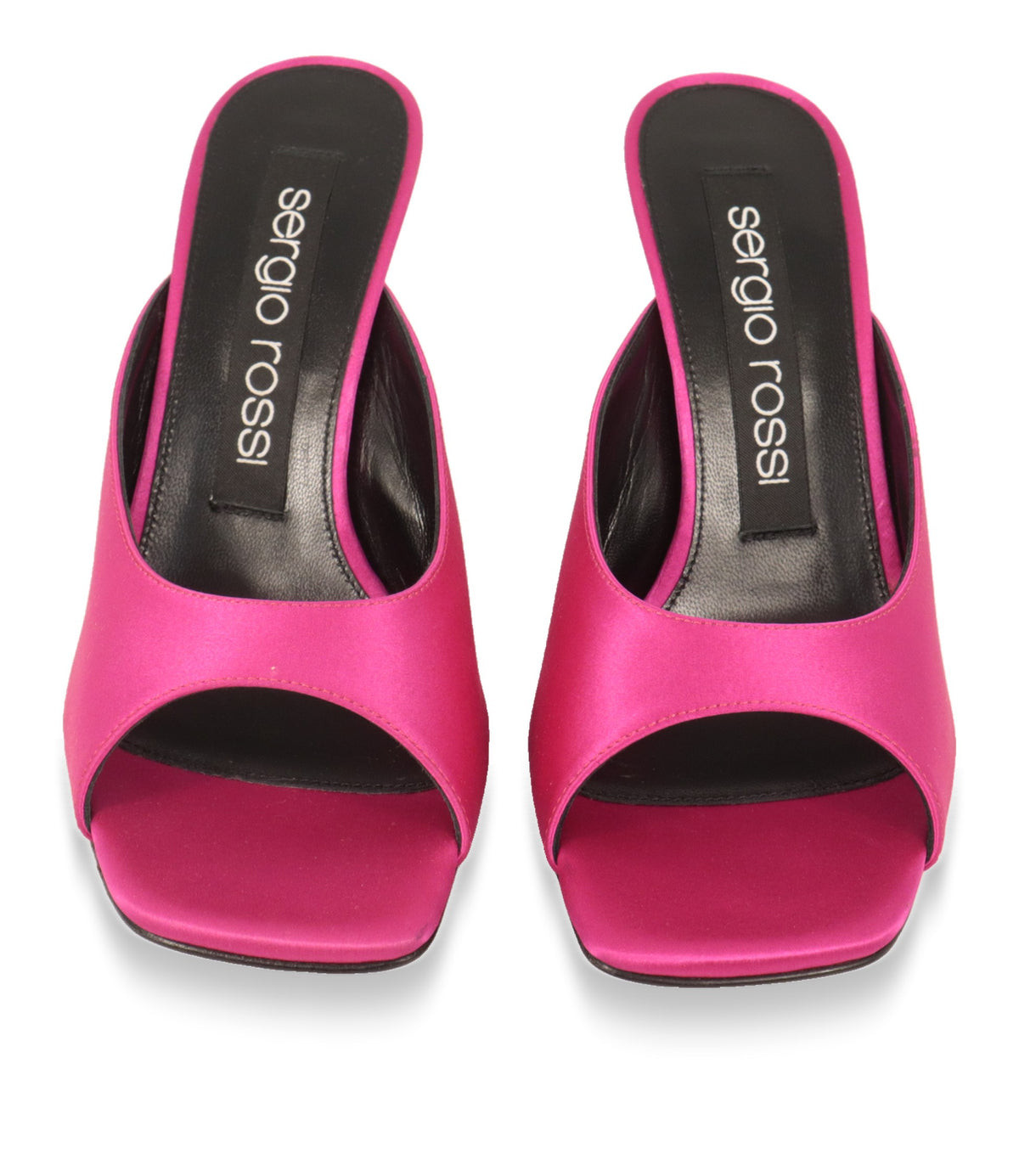 Sergio Rossi Mules in Magenta von vorn mit quadratischem offenem Zehenbereich und Leder-Innensohle