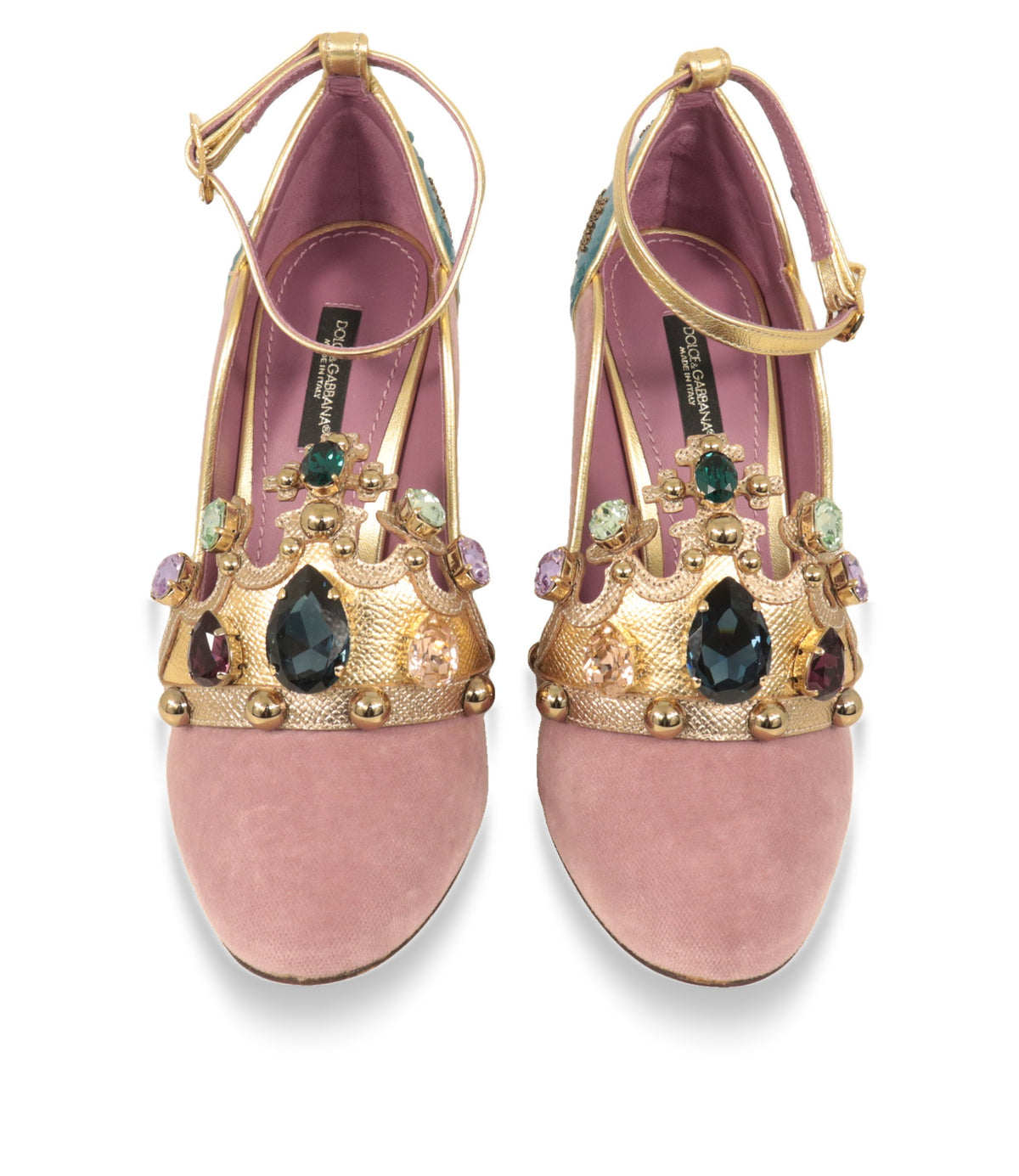Rosa Dolce & Gabbana Pumps mit Knöchelriemen und Kristallen von oben fotografiert