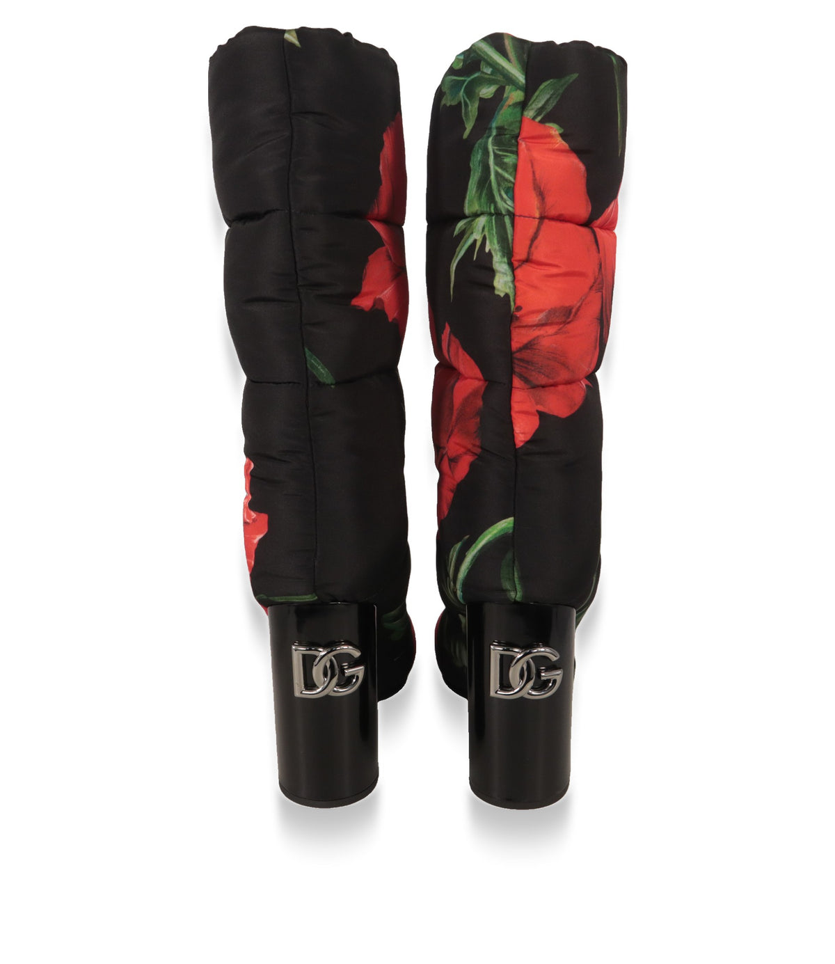 Dolce & Gabbana Stiefel von hinten mit schwarzem Lackabsatz und silbernem DG-Logo