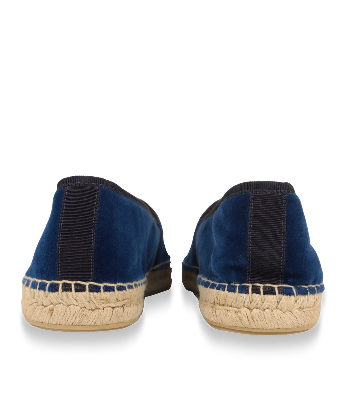 Fersenansicht der blauen Dolce & Gabbana Espadrilles mit Ripsband und geflochtener Jutesohle