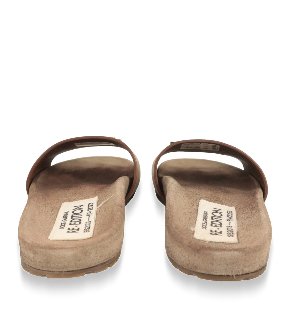 Dolce & Gabbana Slides von hinten mit taupefarbenem Veloursleder-Fußbett und Gummisohle