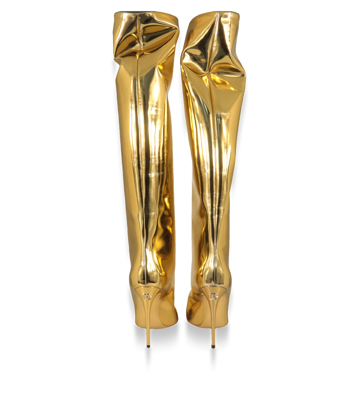 Rückansicht der goldenen Dolce & Gabbana Stiefel mit Reißverschluss und DG-Logo am Absatz
