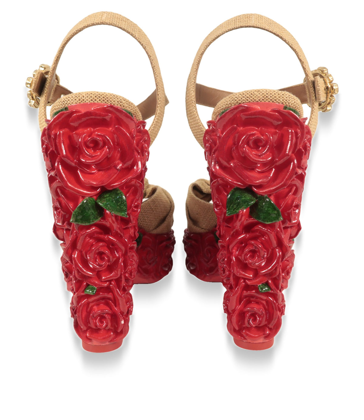 Dolce & Gabbana Plateau-Sandalen von hinten mit plastisch modellierten roten Rosen