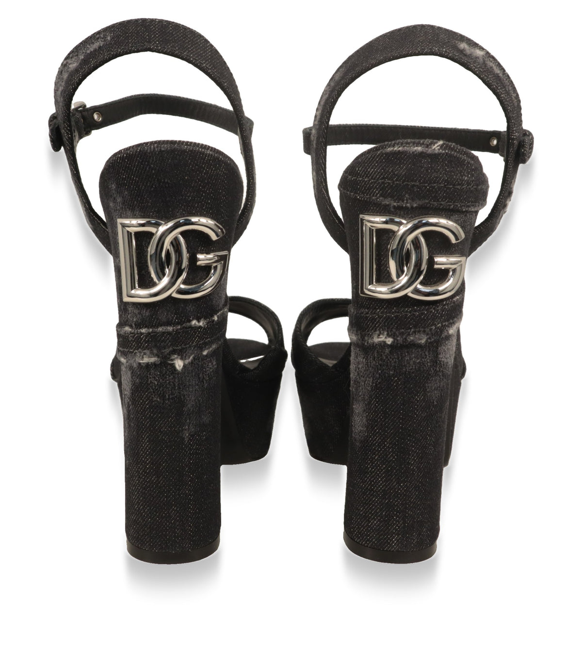Dolce & Gabbana Plateau-Sandalen von hinten mit silberfarbenem DG-Logo am Absatz
