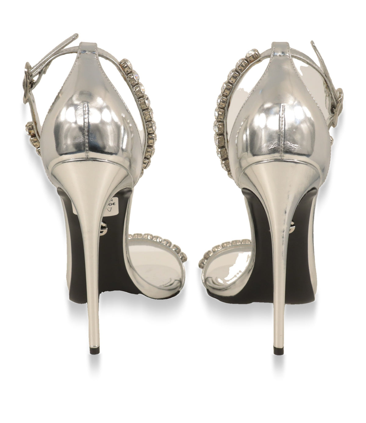 Rückansicht der Dolce & Gabbana Sandaletten in Silber mit hohem Stiletto-Absatz