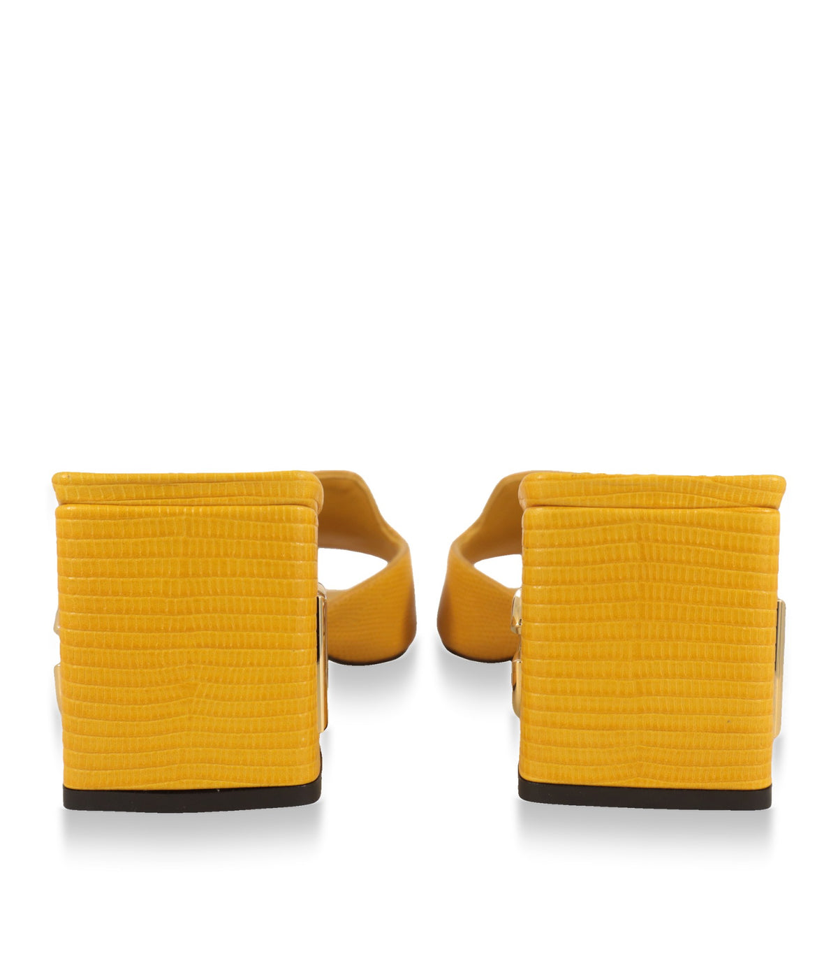 Blockabsätze der gelben Dolce & Gabbana Mules mit goldfarbenem DG-Logo, Rückansicht