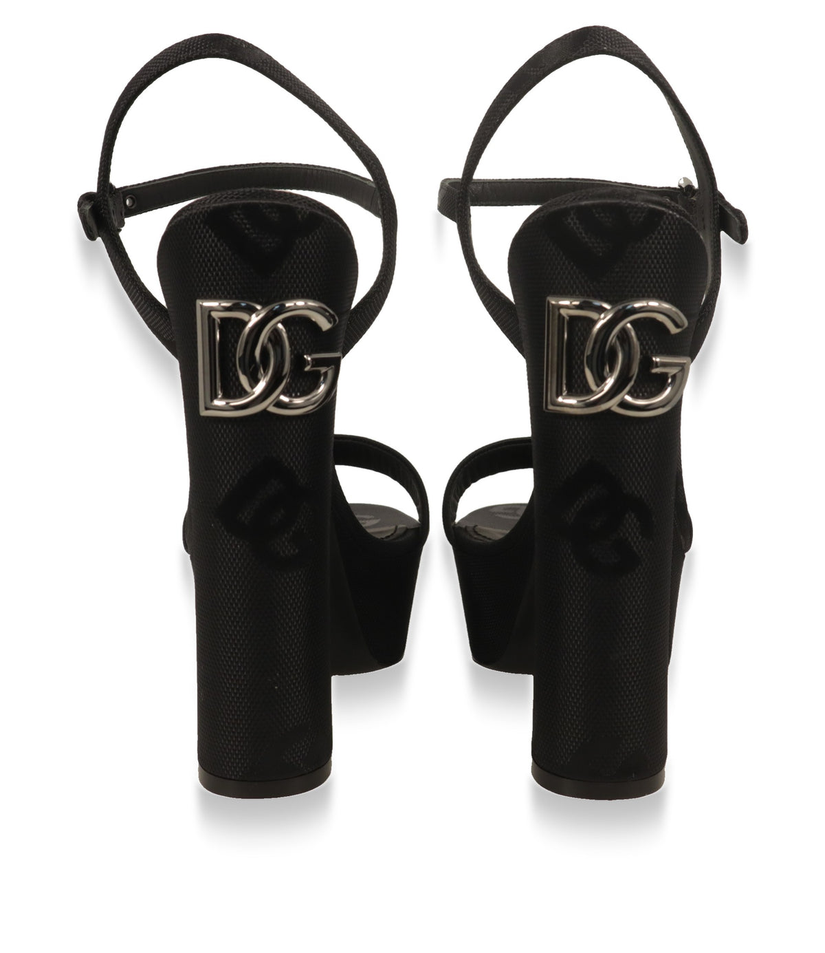Rückansicht der Dolce & Gabbana Plateau-Sandalen mit silberfarbenem DG-Logo am Absatz