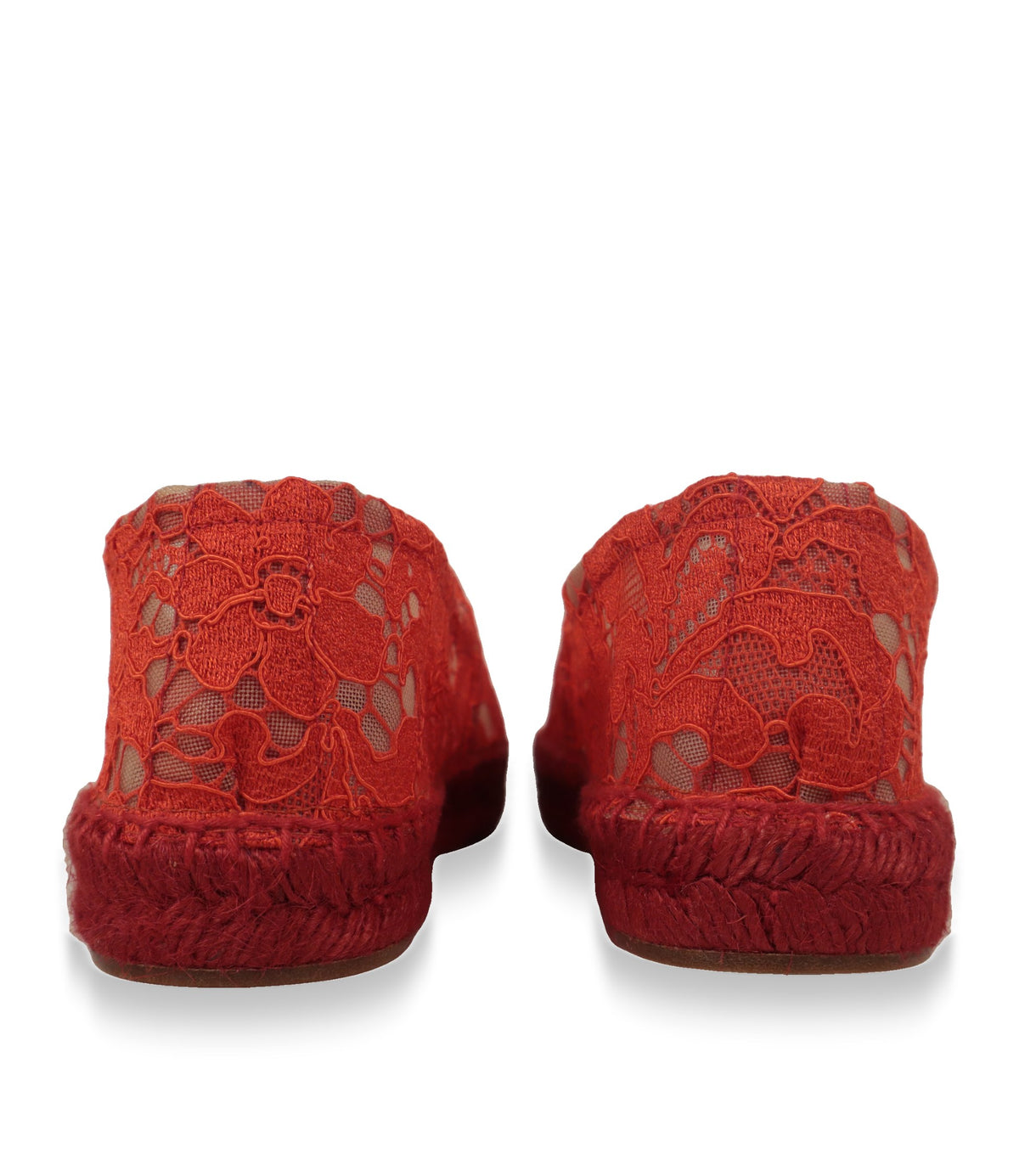 Rote Spitzen-Espadrilles von Dolce & Gabbana, Rückansicht mit Bastsohle