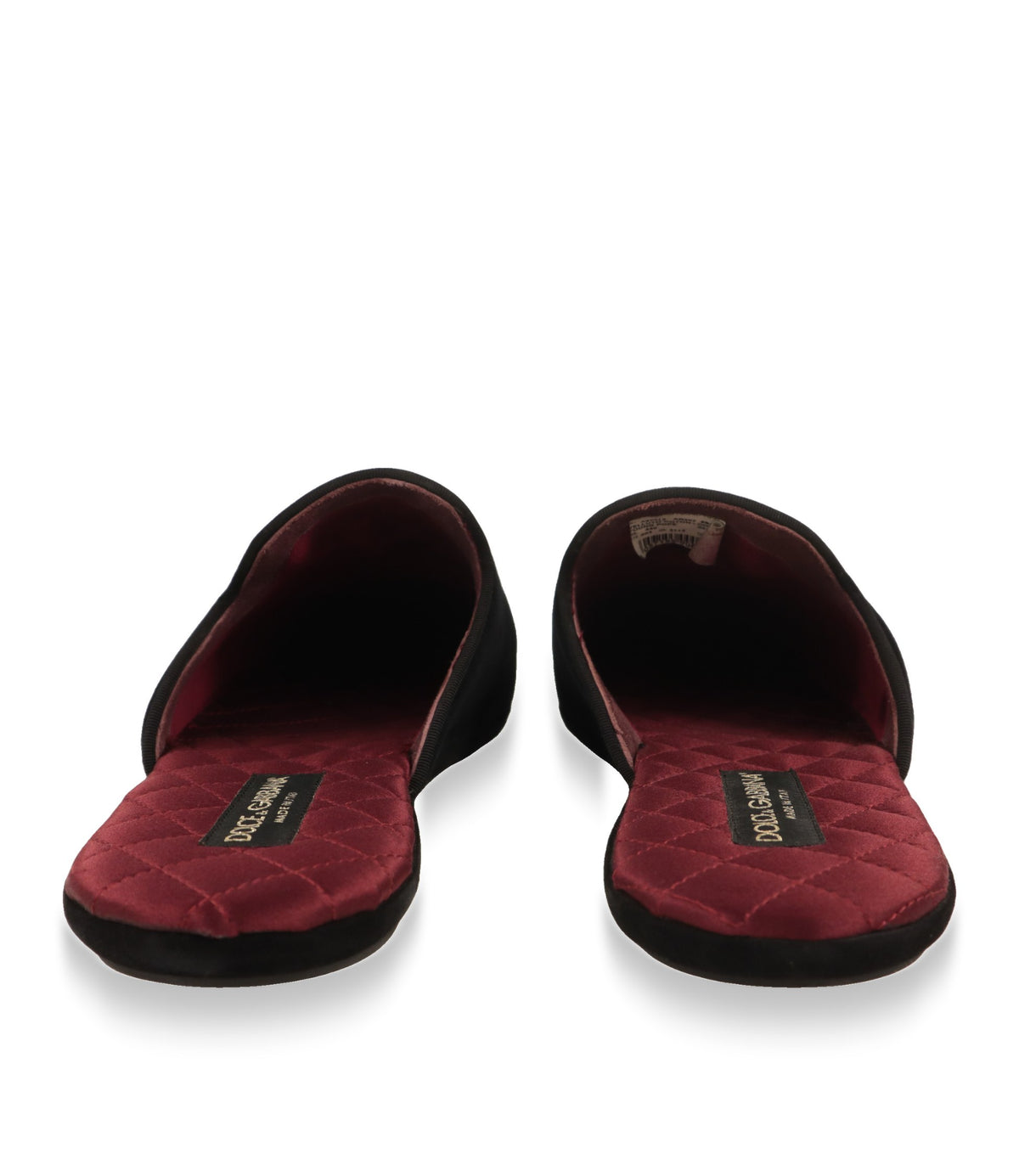 Dolce & Gabbana Hausschuhe von vorne mit gesteppter bordeauxroter Innensohle und Markenlabel
