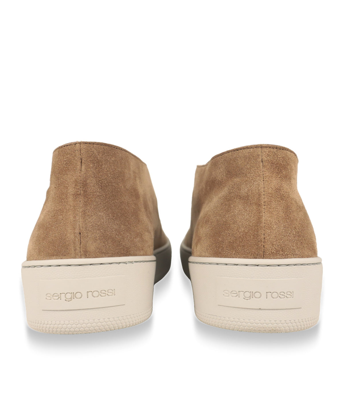 Sergio Rossi Slip-On Sneaker, Fersenansicht mit geprägtem Markenschriftzug auf weißer Sohle
