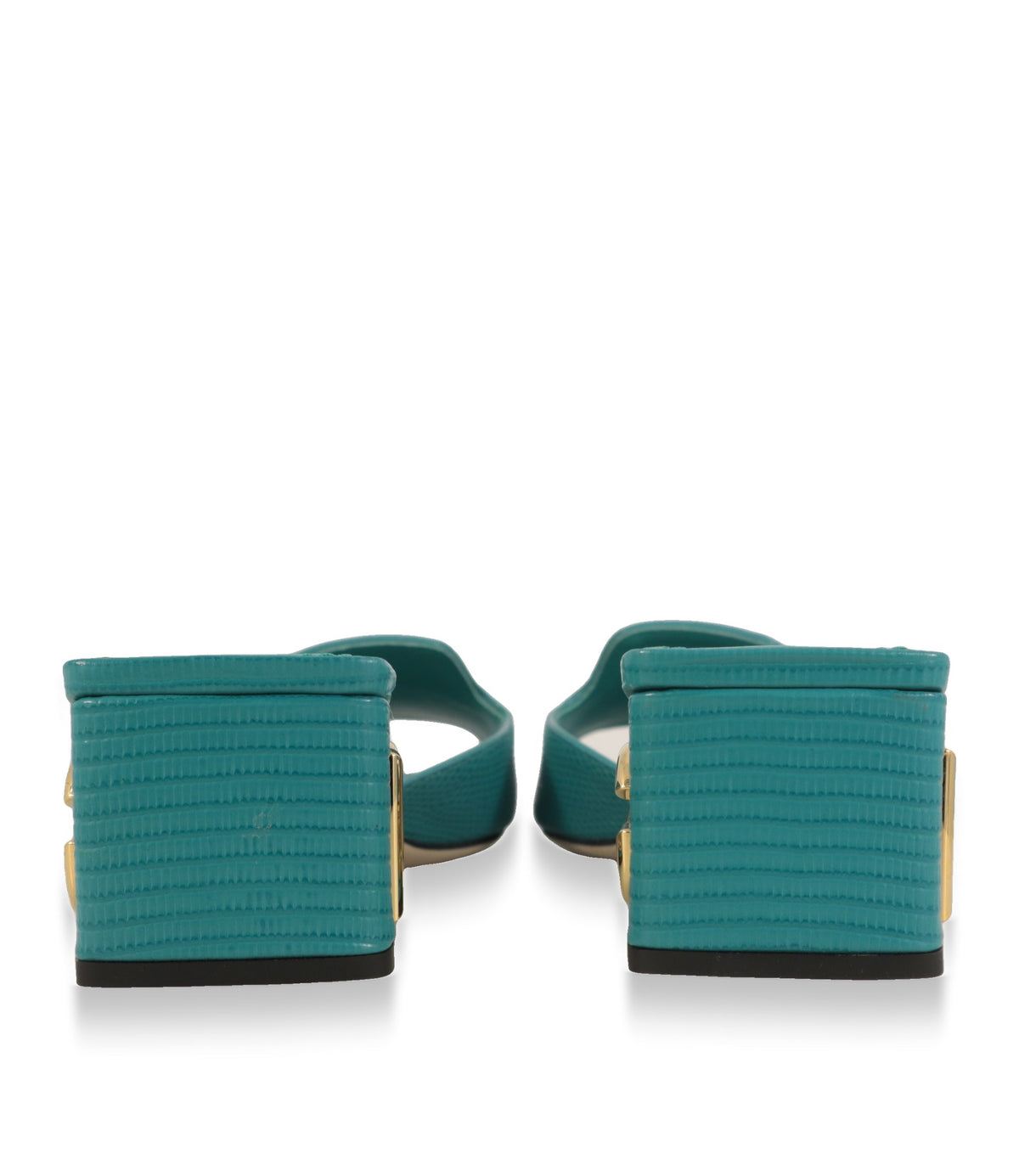Rückansicht der Dolce & Gabbana Mules mit goldenem DG-Logo am Blockabsatz