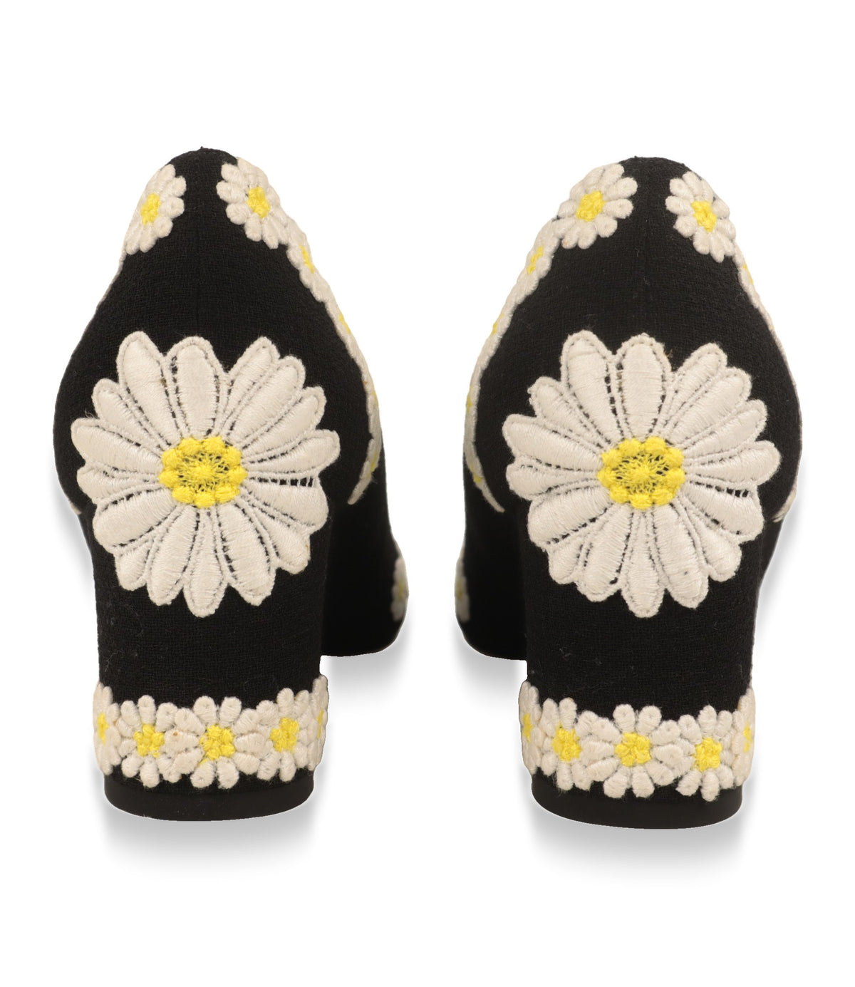 Rückansicht der Dolce & Gabbana Pumps mit gestickten Margeriten auf Ferse und Blockabsatz