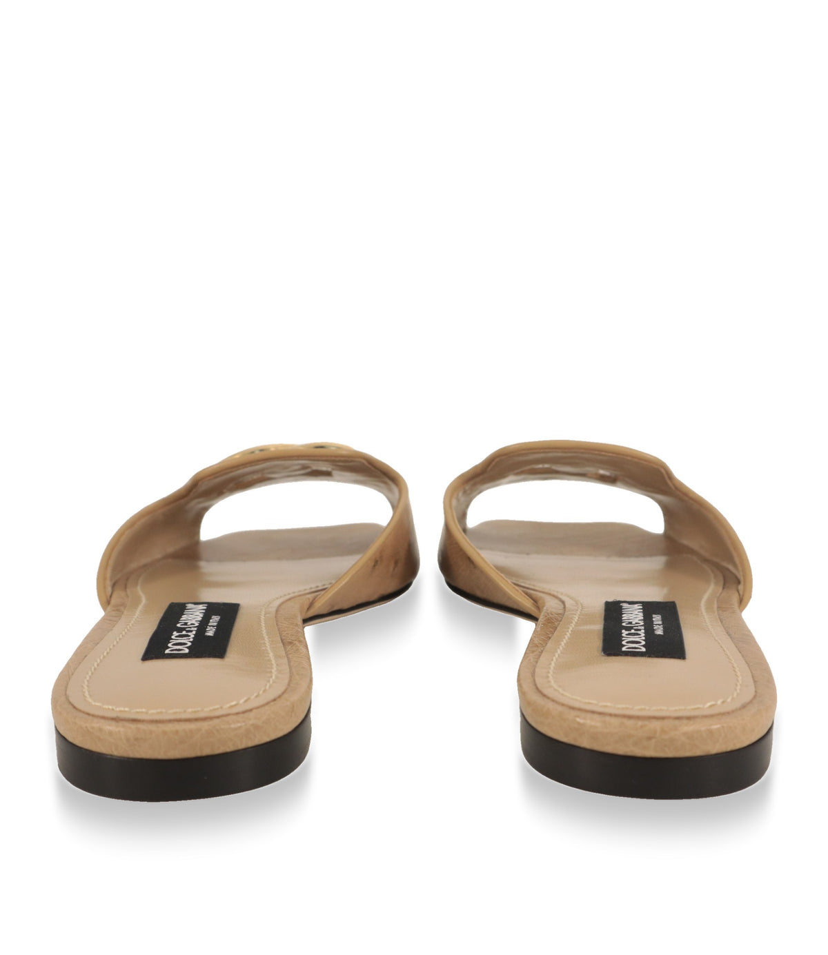 Dolce & Gabbana Pantoletten beige, Rückansicht mit Lederdecksohle und Markenlabel