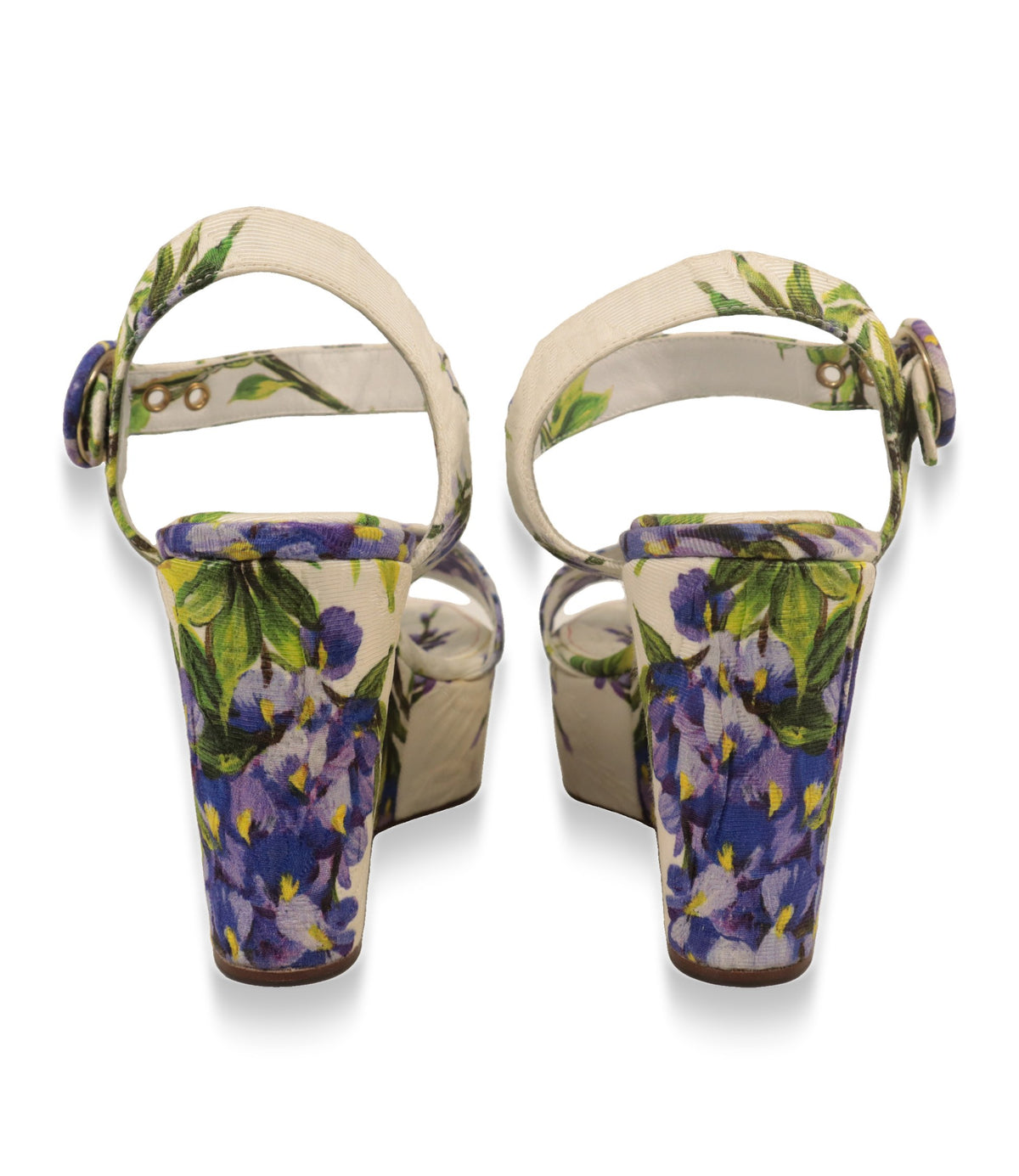 Dolce & Gabbana Plateau-Sandalen von hinten mit floralem Keilabsatz und Schnallenverschluss