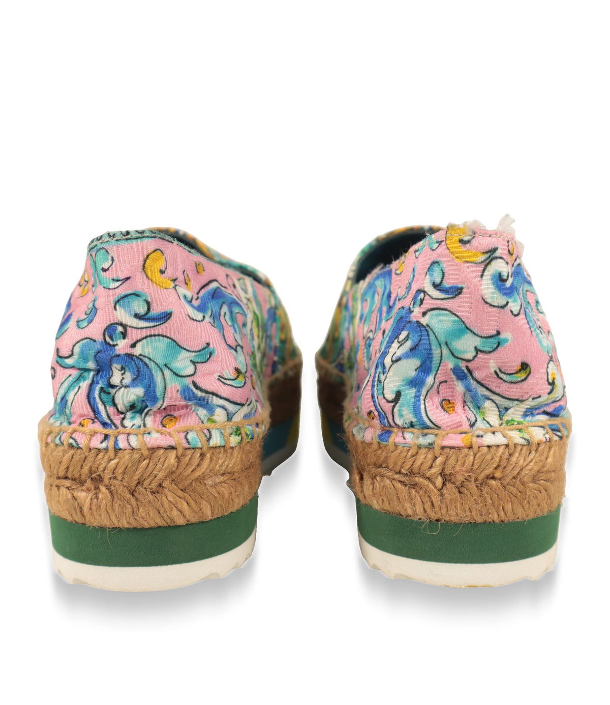 Dolce & Gabbana Plateau-Espadrilles Rückansicht mit rosa-blauem Print und geflochtener Jutekante