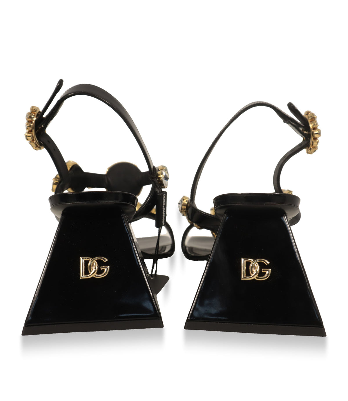 Dolce & Gabbana Sandaletten von hinten mit trapezförmigem Absatz und goldfarbenem DG-Logo