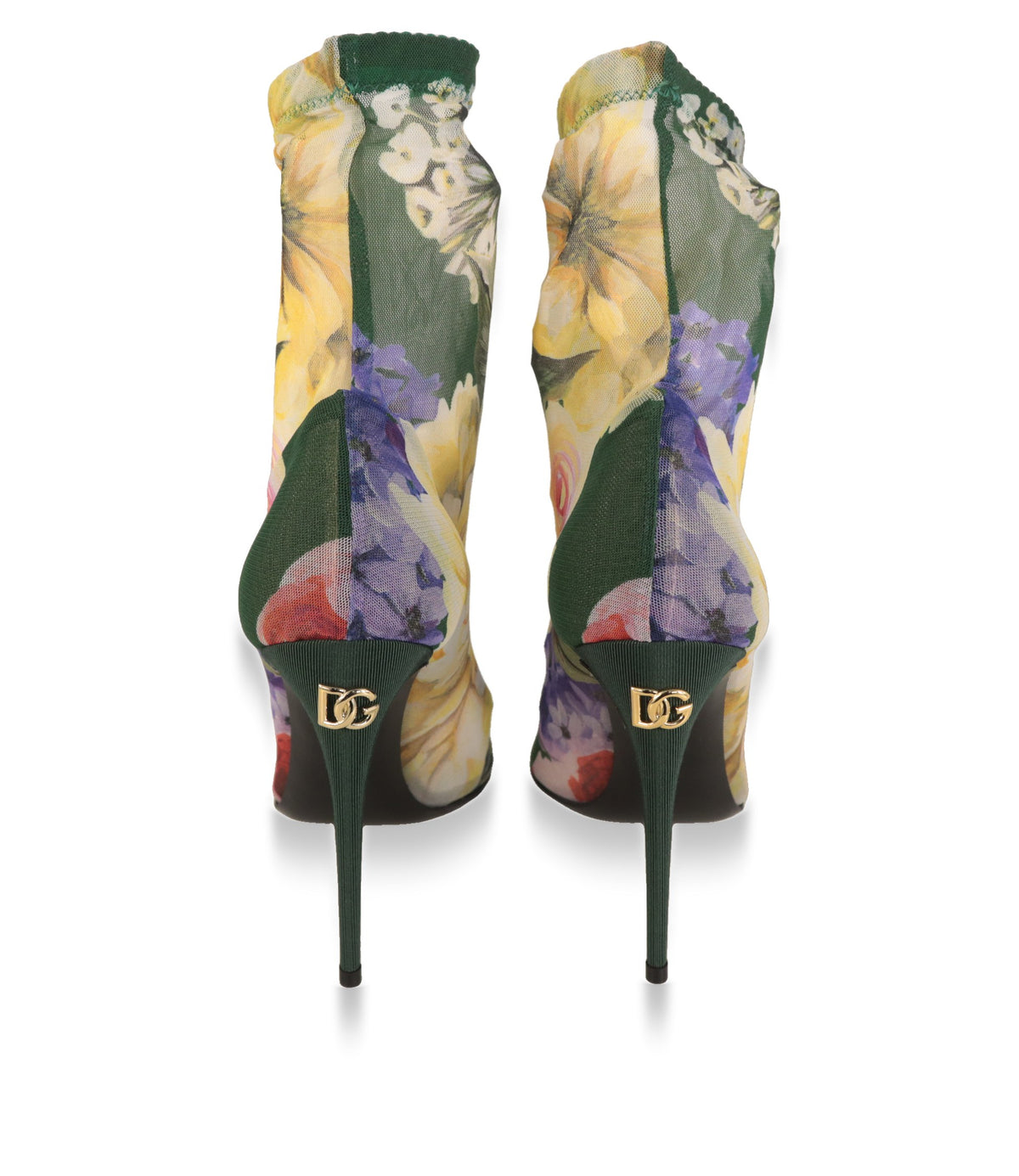 Dolce & Gabbana Stiefeletten von hinten mit grünem Ripsband-Absatz und goldenem DG-Logo