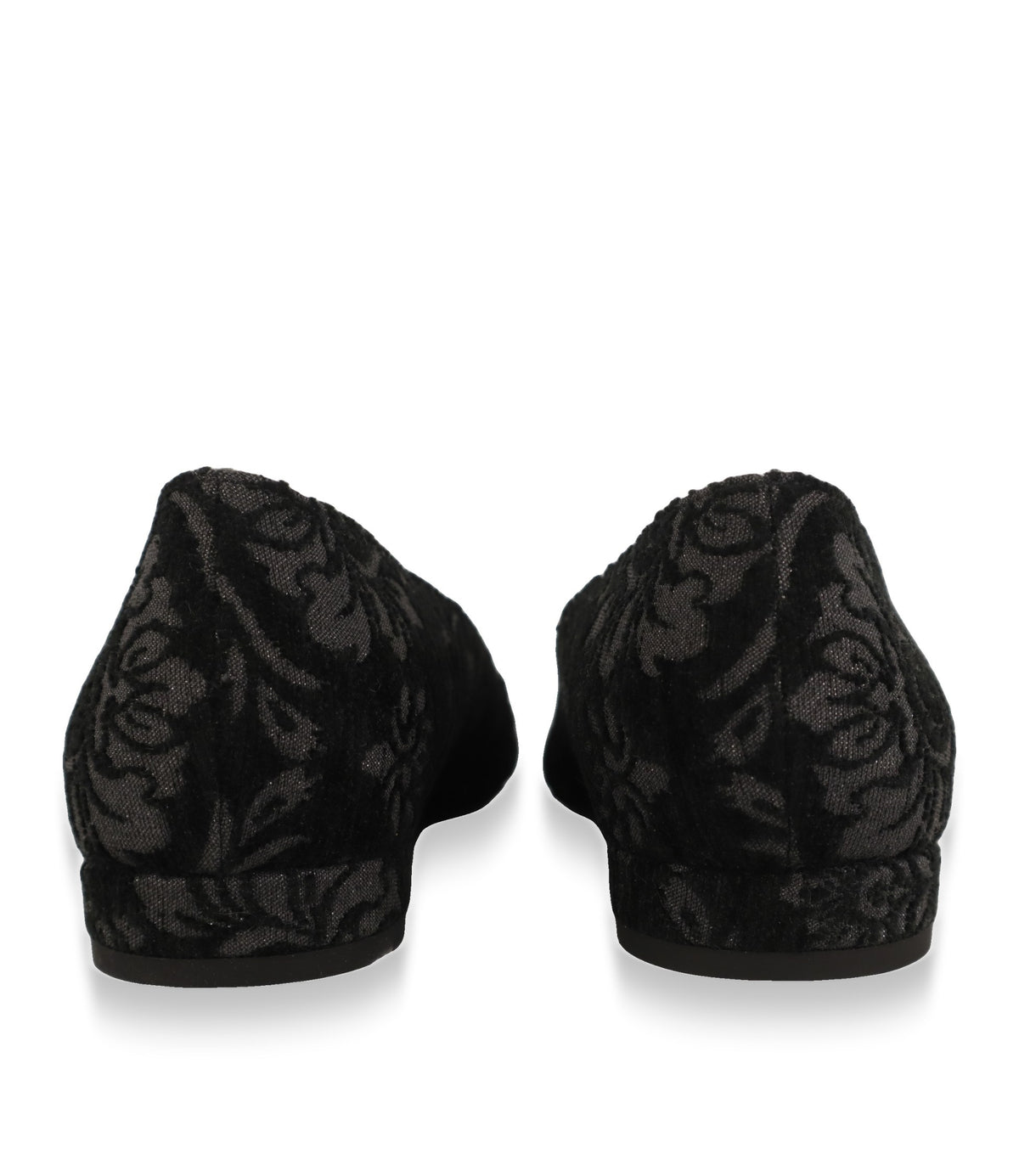 Pollini Ballerinas von hinten, Fersenpartie aus schwarz-grauem Damast-Gewebe