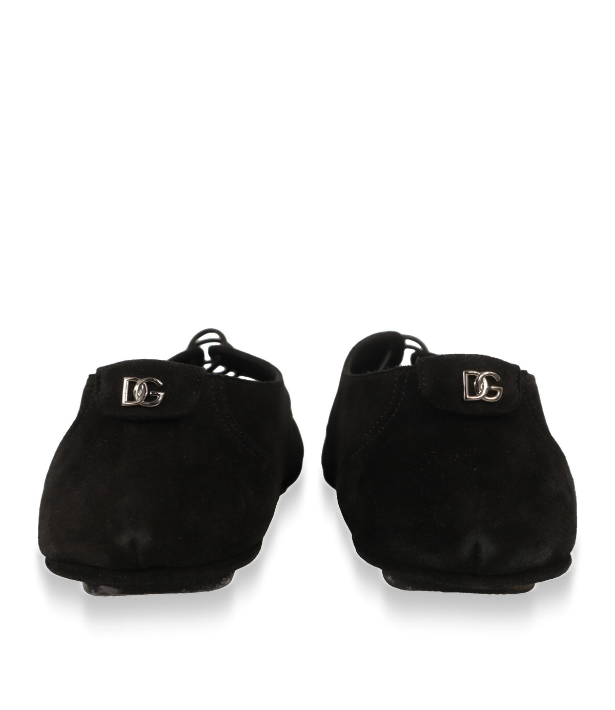 Fersenansicht der Dolce & Gabbana Derby Schuhe mit silberfarbenem DG-Logo