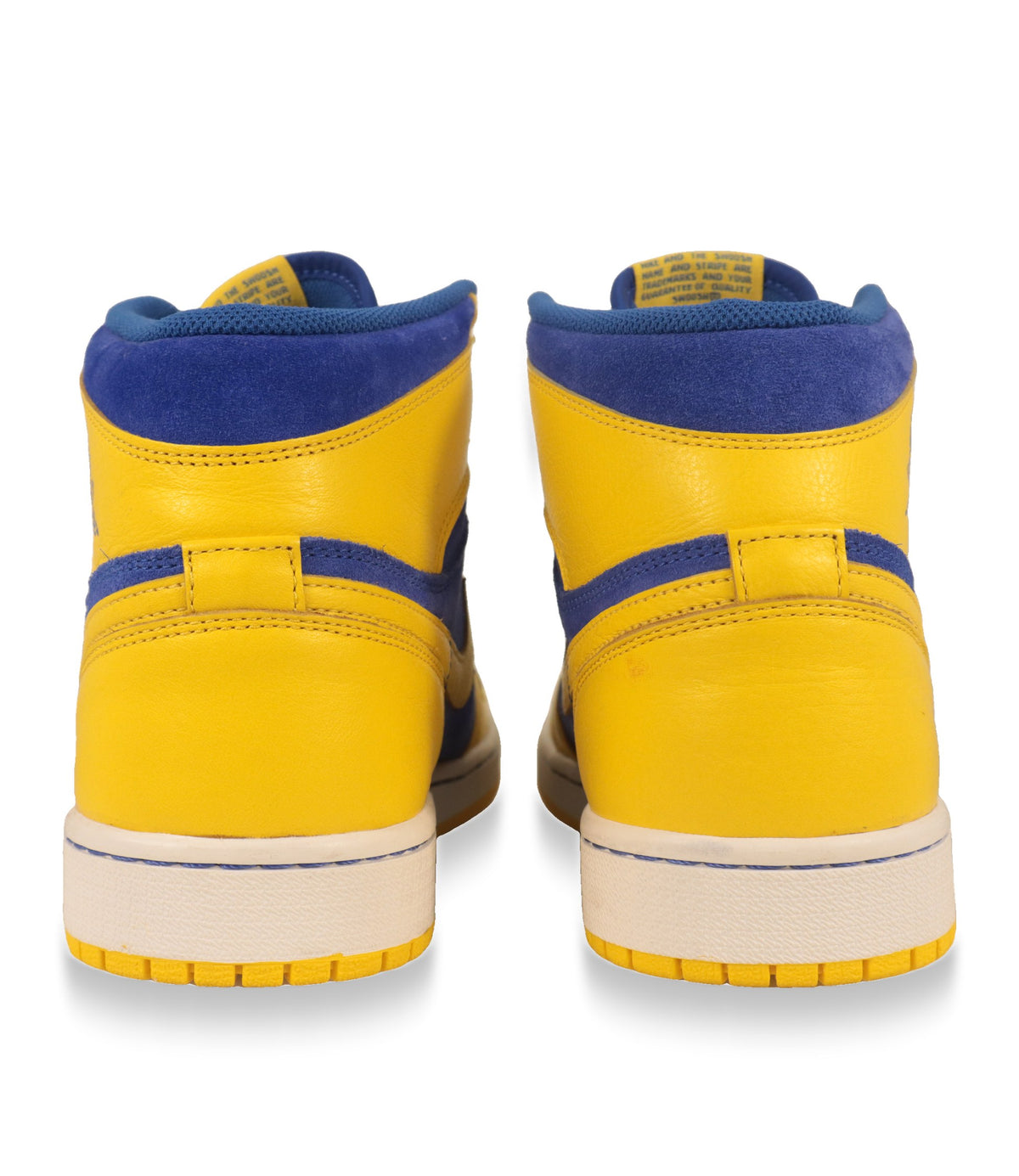 Air Jordan Sneaker Rückansicht in Gelb mit blauem Wildleder und weißer Zwischensohle