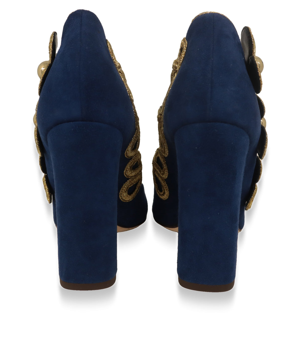 Rückansicht der blauen Dolce & Gabbana Mary Jane Schuhe mit hohem Blockabsatz aus Wildleder