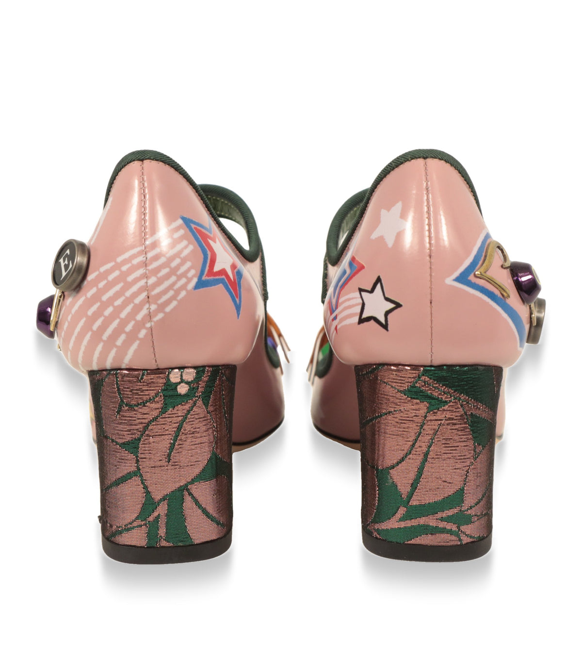Dolce & Gabbana Absatzschuhe mit floralem Brokat-Blockabsatz und Sternenprint, Rückansicht