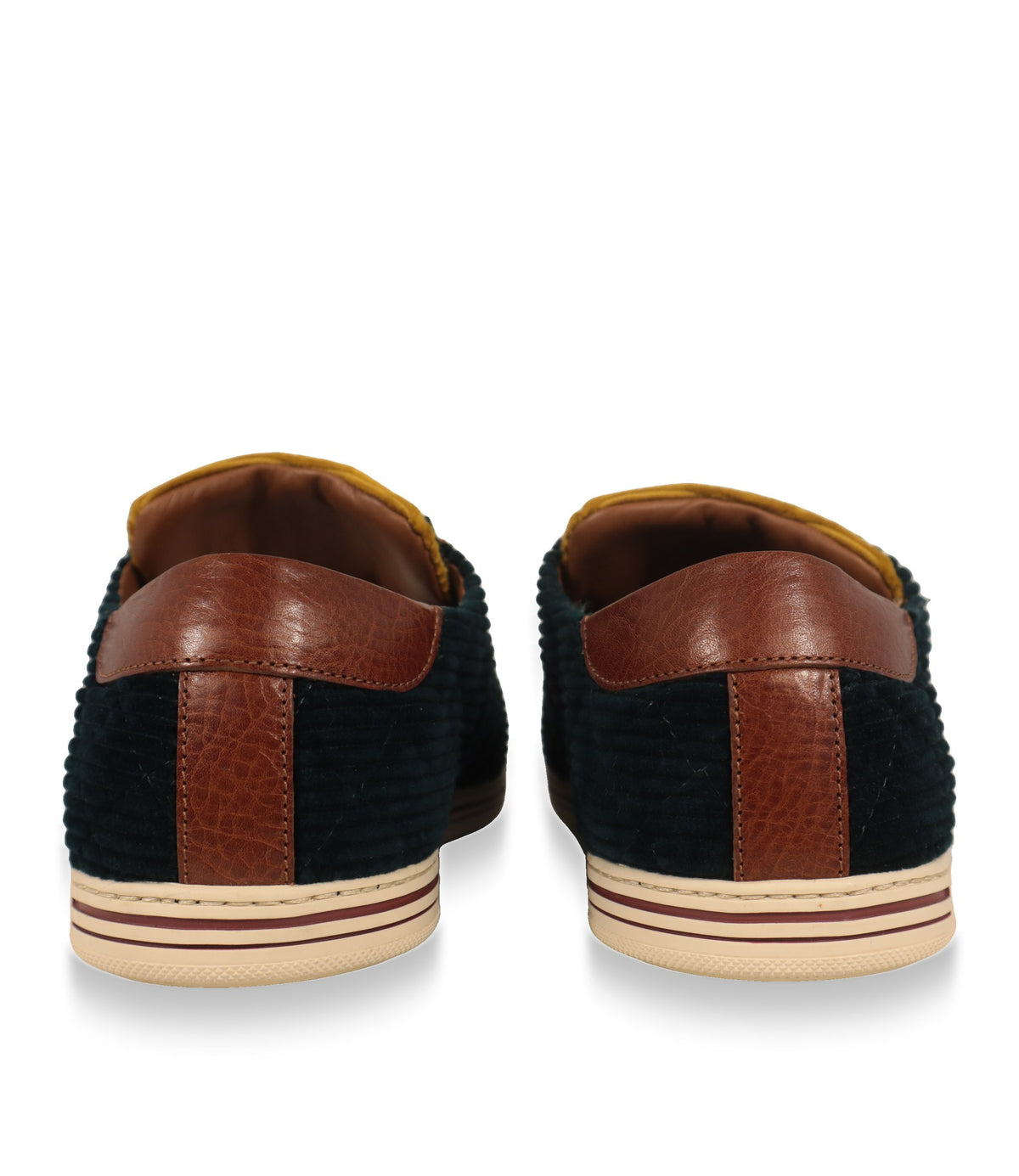 Dolce & Gabbana Sneaker Rückansicht mit brauner Lederfersenkappe und gestreifter Gummisohle