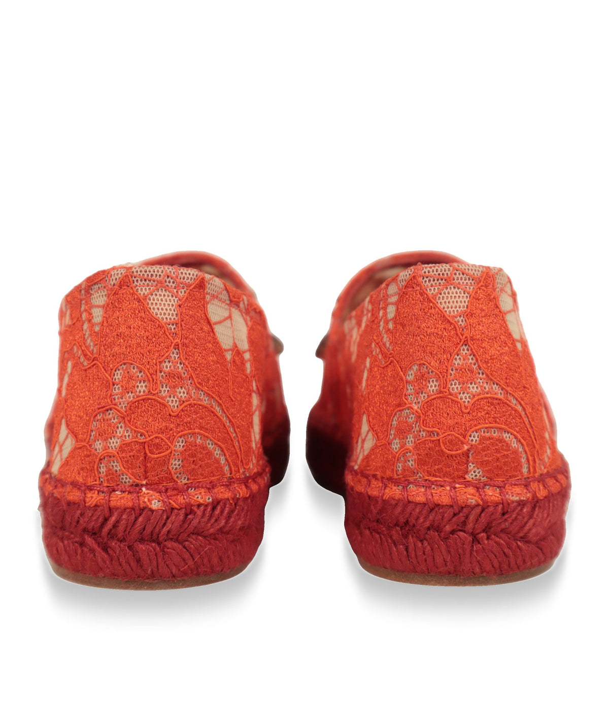 Rückansicht der Dolce & Gabbana Espadrilles aus oranger Spitze mit rotem Jutenrand