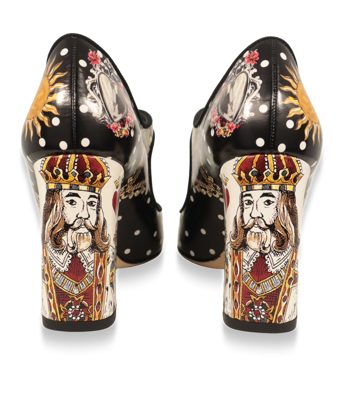 Dolce & Gabbana Mary Jane Schuhe von hinten mit Spielkarten-König auf dem Blockabsatz