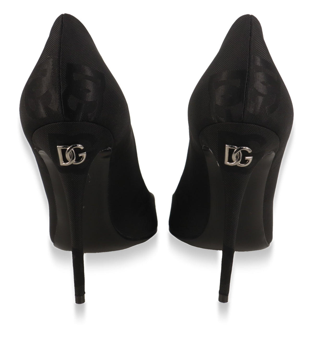 Rückansicht der schwarzen Dolce & Gabbana Absatzschuhe mit silberfarbenem DG-Logo