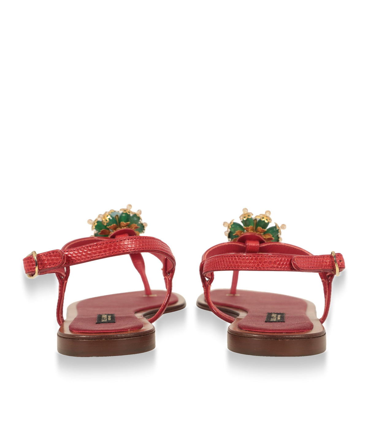 Rote Dolce & Gabbana Sandalen mit goldfarbener Schnalle und Lederlaufsohle, Rückansicht