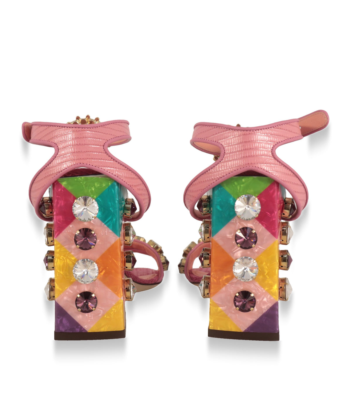 Dolce & Gabbana Sandaletten mit mehrfarbigem Mosaikabsatz und Kristallbesatz, Rückansicht