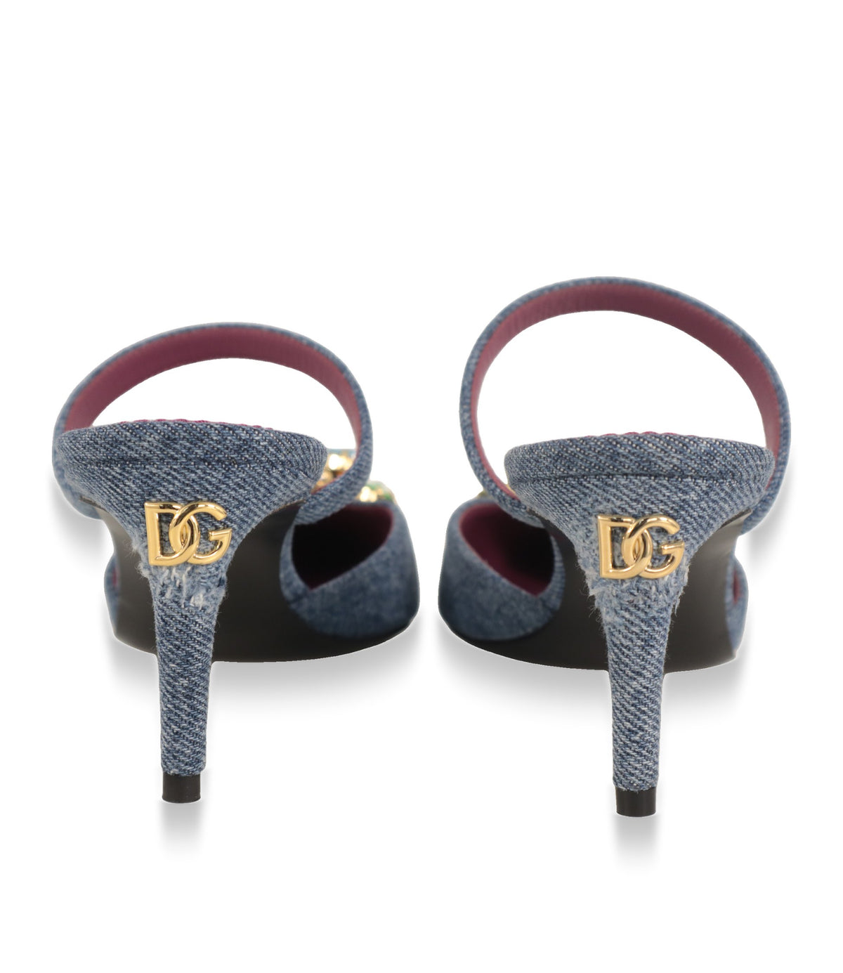 Dolce & Gabbana Mules Rückansicht mit goldfarbenem DG-Logo am Denim-Absatz