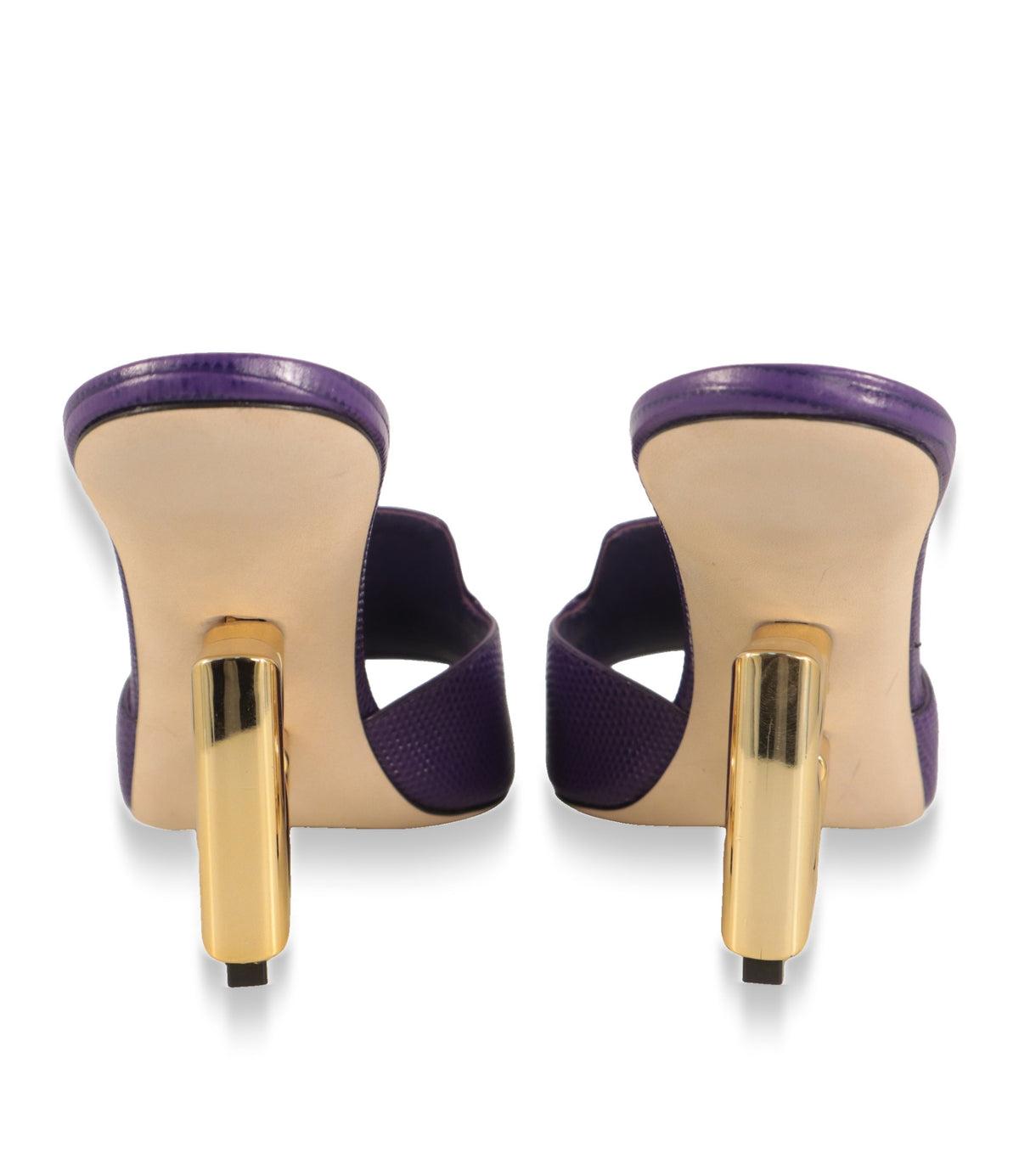 Dolce & Gabbana Mules Rückansicht mit goldenem Logo-Absatz und heller Ledersohle