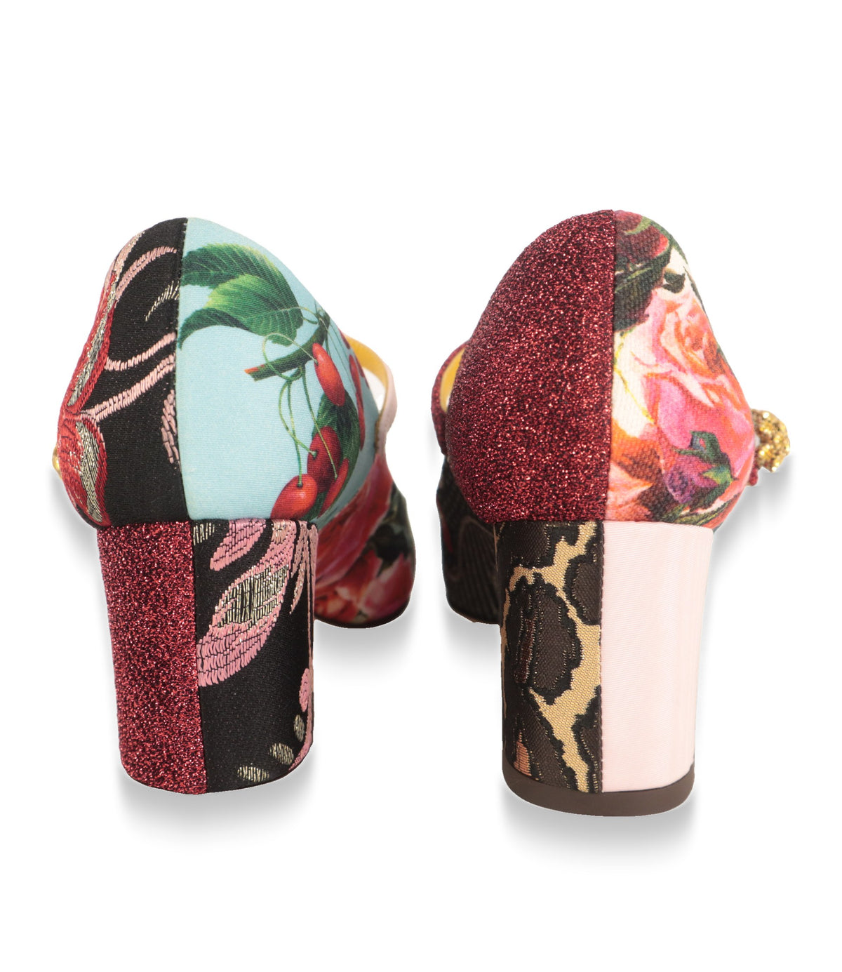 Dolce & Gabbana Mary Jane Schuhe Rückansicht mit Brokat- und Leoparden-Blockabsatz