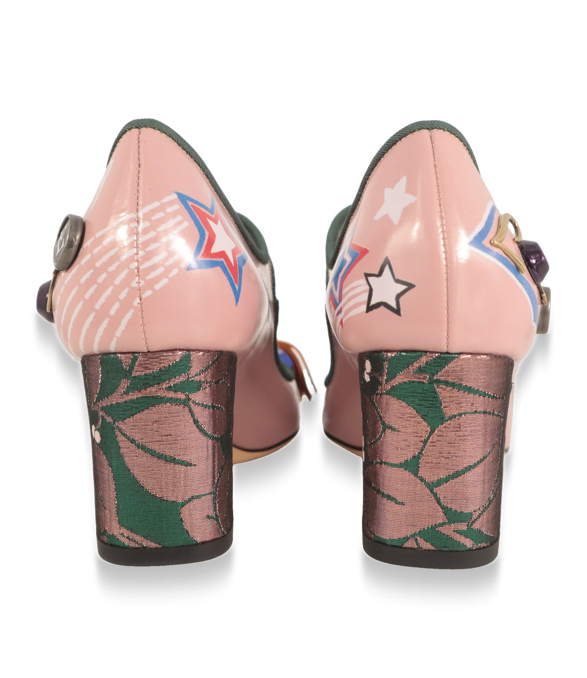 Blockabsatz mit Blumen-Brokat und Sterne-Print der Dolce & Gabbana Mary Jane Schuhe von hinten