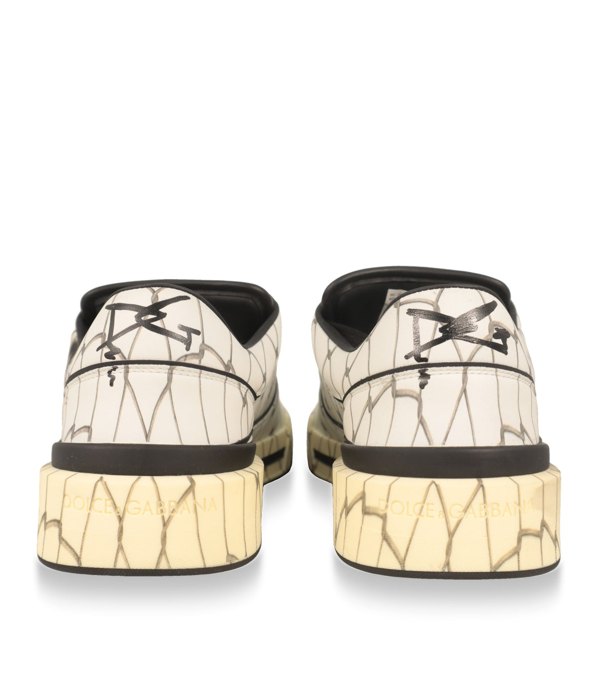 Dolce & Gabbana Sneaker Rückansicht mit cremefarbener Plateausohle und goldfarbenem Dolce & Gabbana Schriftzug