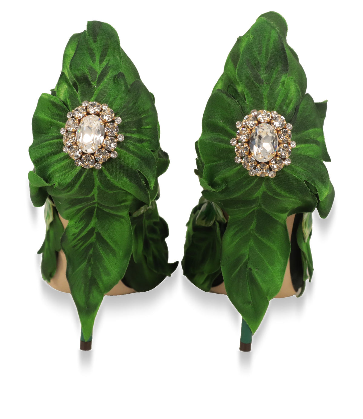 Dolce & Gabbana Absatzschuhe Rückansicht mit Blattdekor und Kristallschmuck