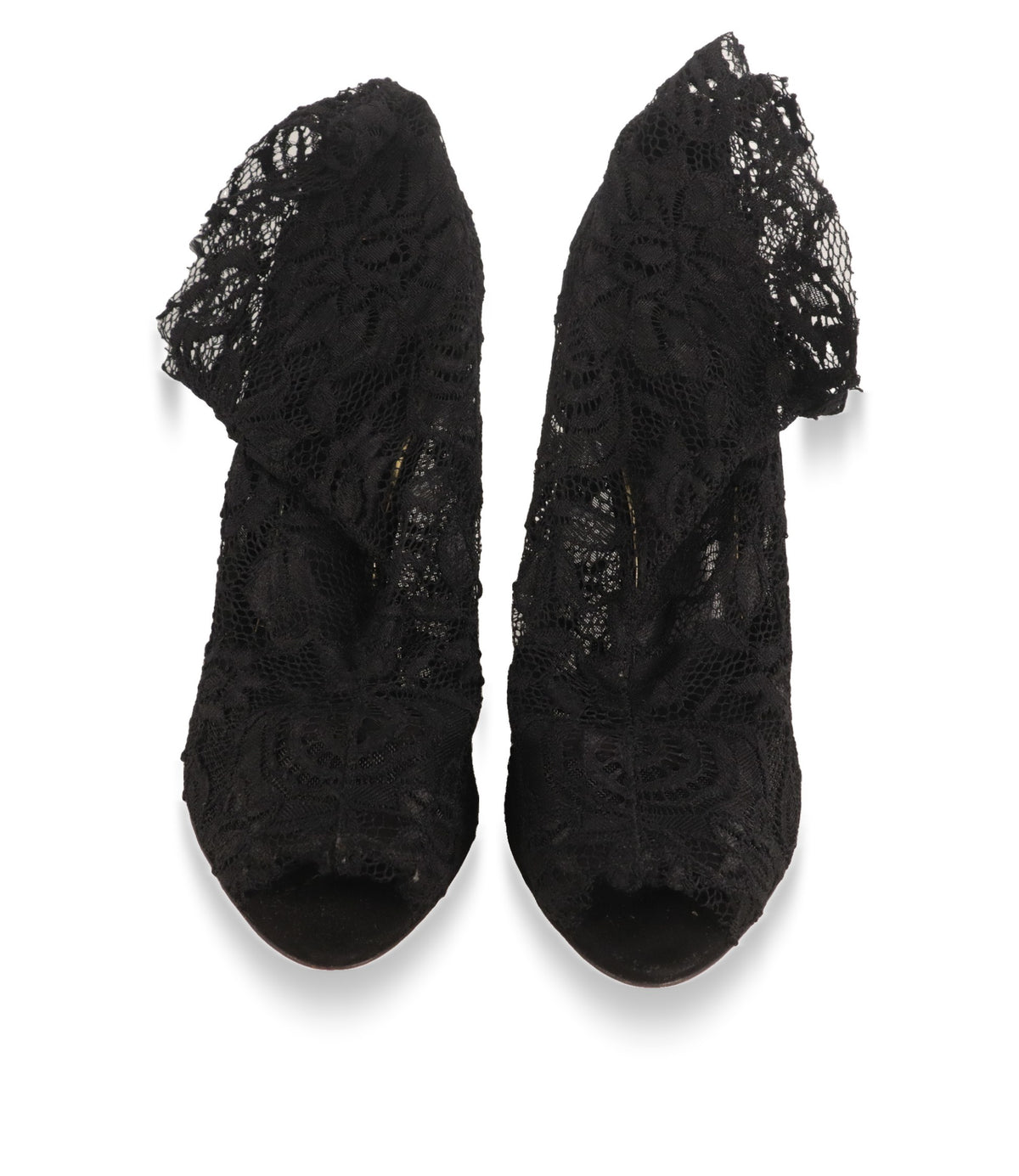 Dolce & Gabbana Damenschuhe aus schwarzer Spitze, Aufsicht auf beide Stiefeletten
