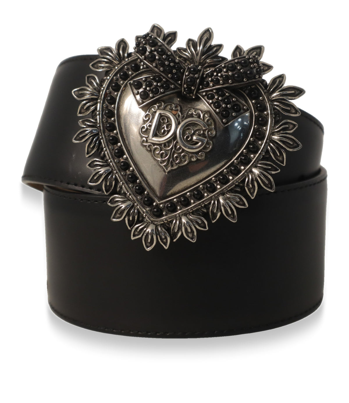 Dolce & Gabbana Devotion Gürtel schwarz gerollt mit silberner Herzschließe