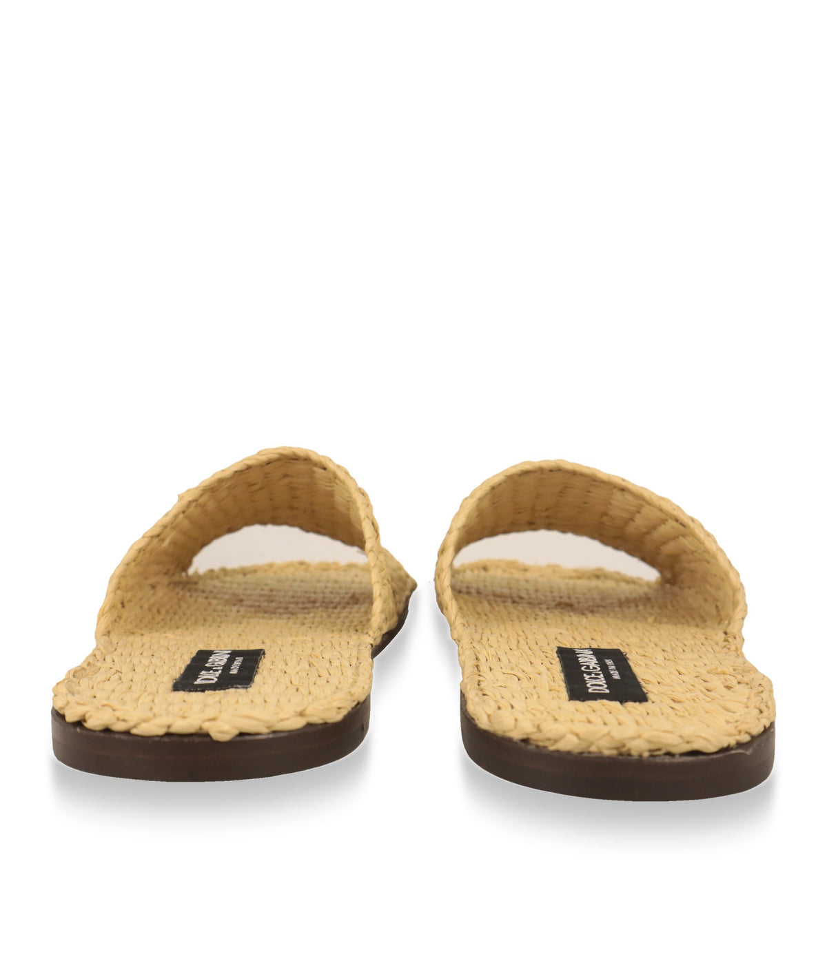 Dolce & Gabbana Pantoletten Rückansicht mit Logo-Label auf dem Raffia-Fußbett