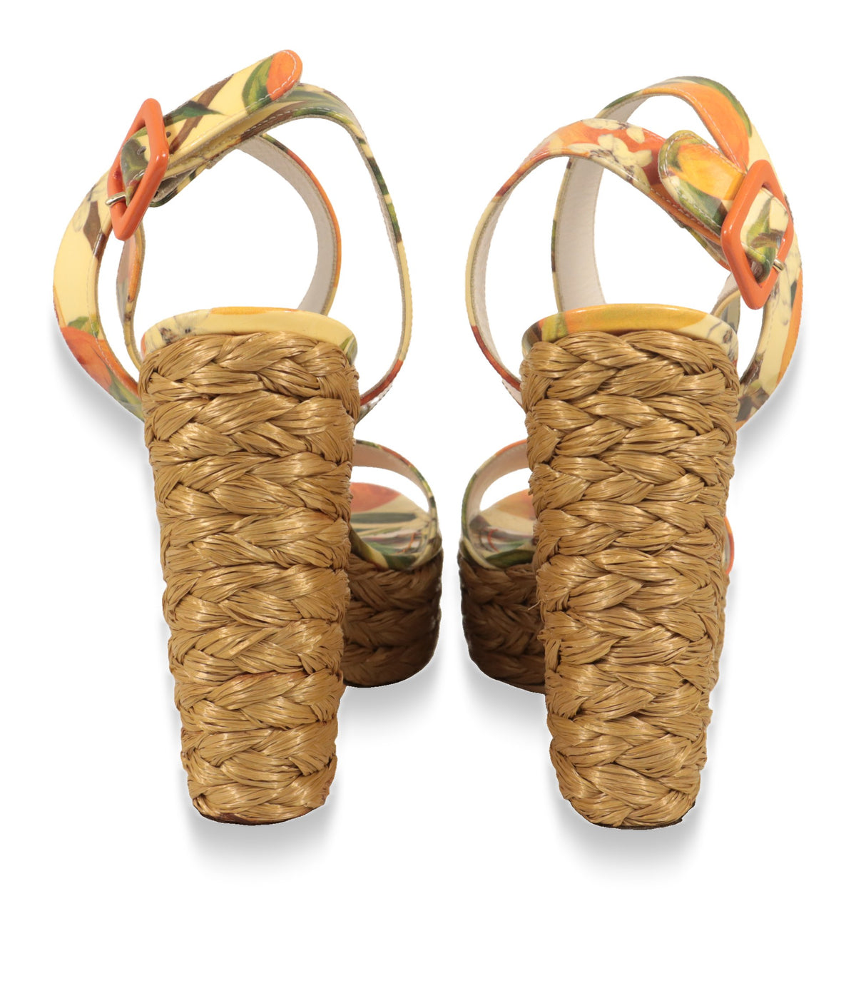 Dolce & Gabbana Plateau-Sandalen von hinten mit Bastgeflecht am Absatz und orangefarbener Schnalle