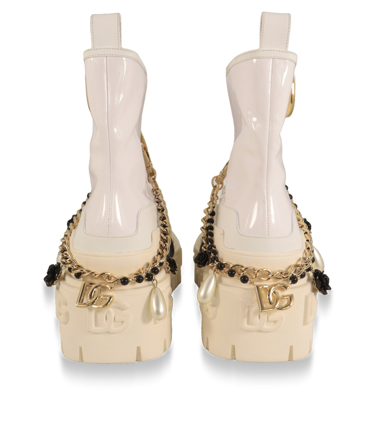Dolce & Gabbana Boots Weiß, Rückansicht mit goldfarbenem DG-Logo an der Plateausohle