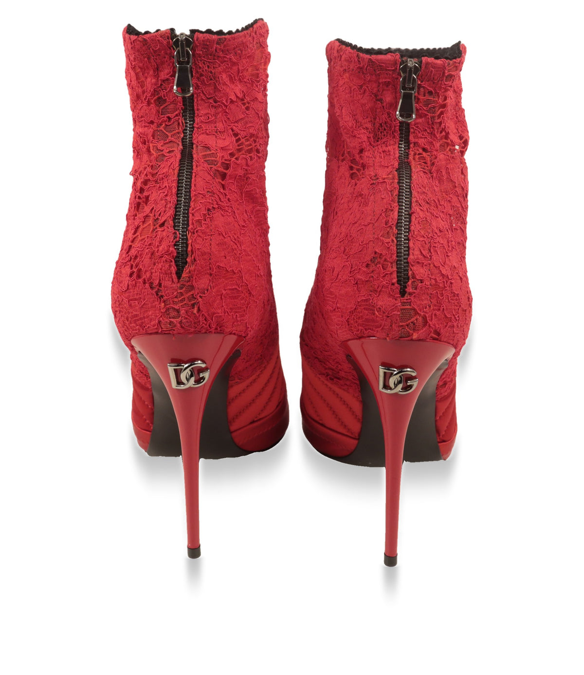 Rote Stiefeletten von Dolce & Gabbana, Rückansicht mit Reißverschluss und DG-Logo am Absatz
