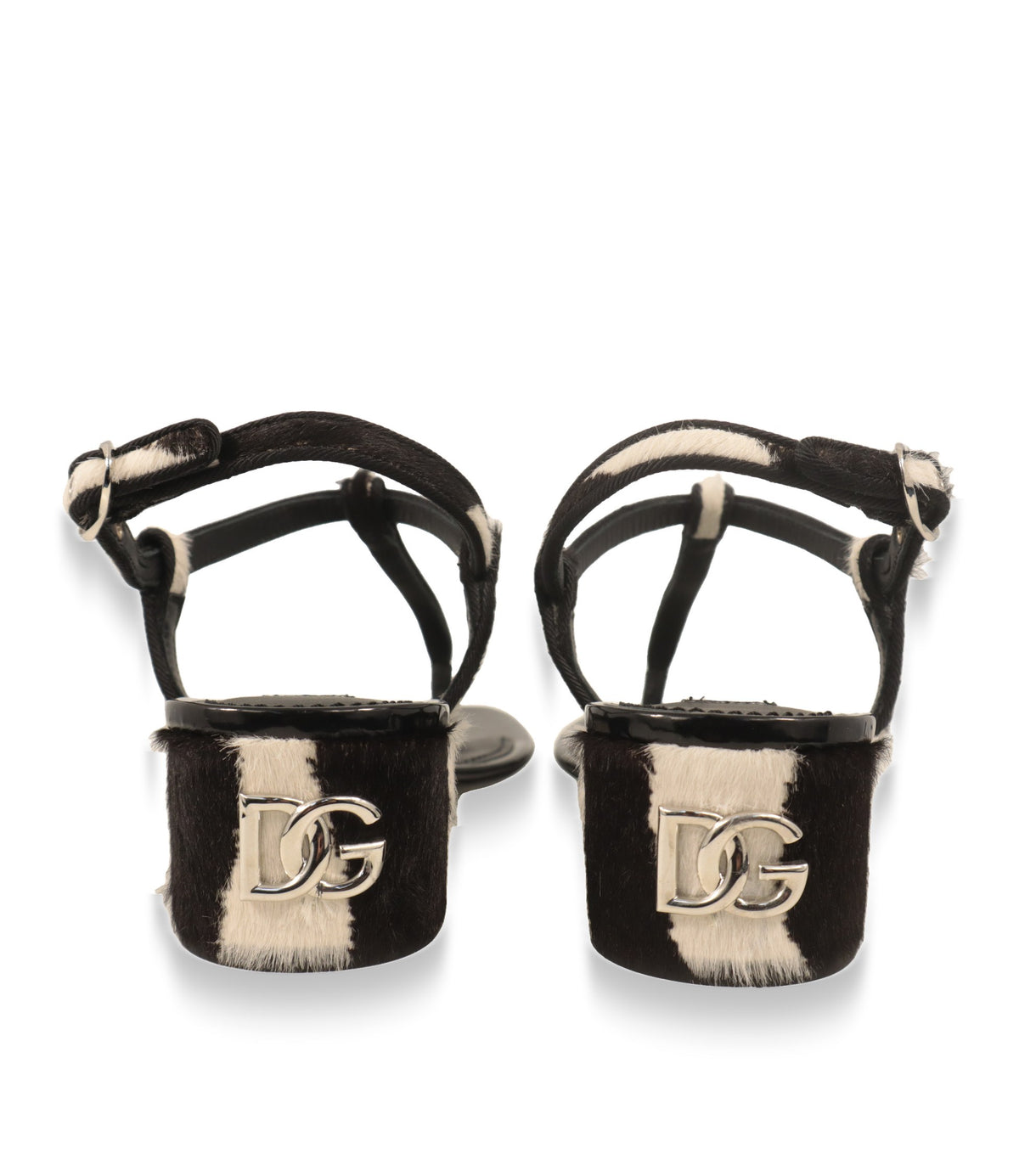 Dolce & Gabbana Sandalen Rückansicht mit zebragemustertem Blockabsatz und silbernem DG-Logo