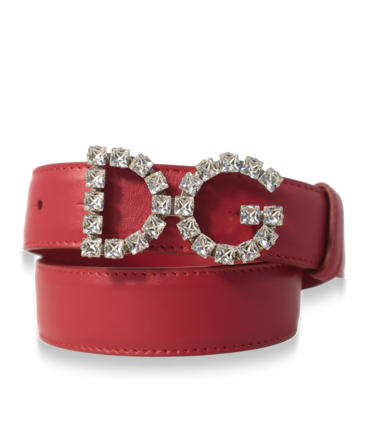 Roter Dolce & Gabbana Damengürtel aufgerollt mit funkelnder DG-Logo-Schnalle